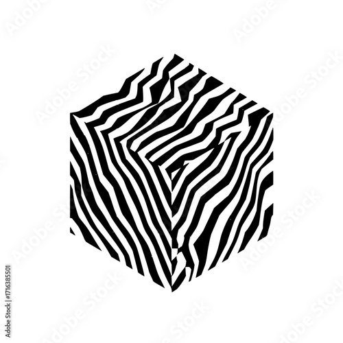 A three dimensional cube with black and white zebra stripes creating an optical illusion on the surface