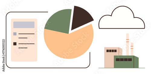 Pie chart, document, factory buildings, and cloud illustration. Ideal for data analysis, energy, sustainability, business growth environmental reports cloud storage renewable energy. Simple flat