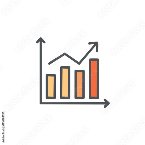 Bar graph and line chart showing upward trend with rising bars and arrow