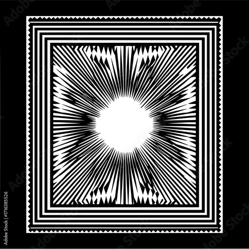 Geometric pattern with radiating lines from a central white space within a square border design