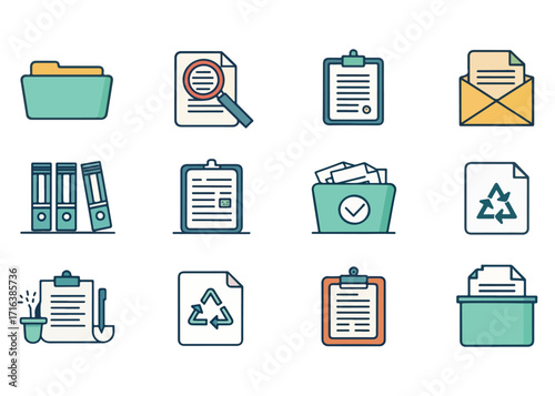 Collection of Office Paperwork and Document Icons Depicting Organization and Management for Business and Administration