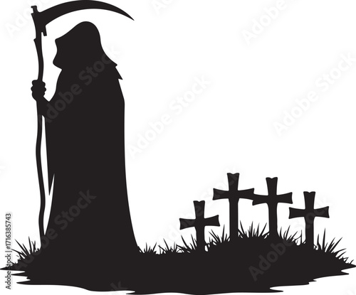 Grim Reaper silhouette with scythe and graveyard crosses