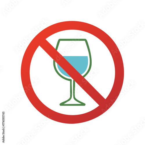 Bold red prohibition sign with a wine glass containing blue liquid, clearly symbolizing no alcohol.