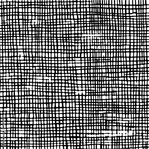 Black and white abstract grid pattern with irregular lines creating a textured woven appearance overall