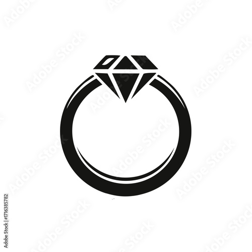 Simple black diamond ring icon silhouette. Vector graphic symbol for engagement, marriage, wedding, and luxury.