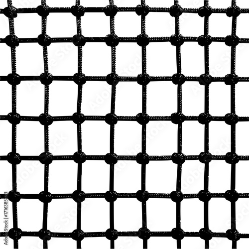 Close up view of a black knotted net with square openings creating a uniform grid pattern on a white background