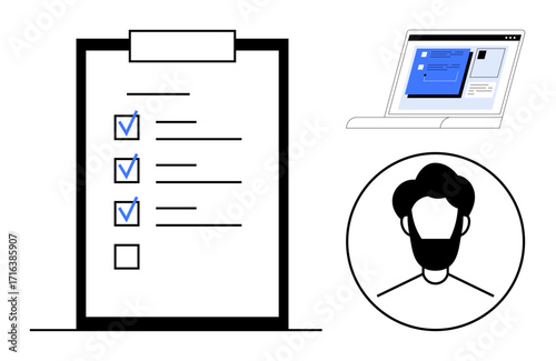 Checklist with checked tasks, unmarked option, laptop displaying online form, and male avatar in circle. Ideal for productivity, management, teamwork, data entry, user profile remote work simple