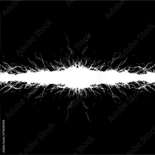 A symmetrical white burst emanating from a central horizontal line on a black background design art