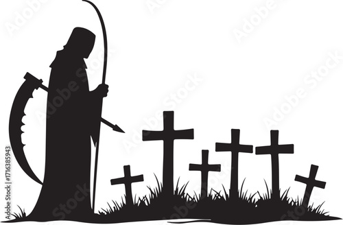 Grim Reaper silhouette with scythe and graveyard crosses