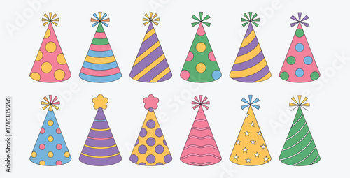Colorful party hats with stripes polka dots stars festive celebration background