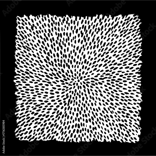 Dense pattern of elongated black shapes radiating from a central point on a white background square