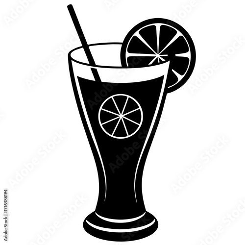 Black silhouette of a tall glass with a straw and orange slice