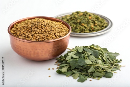 Fenugreek Seeds and Dried Fenugreek Leaves (Kasuri Methi) on White Background