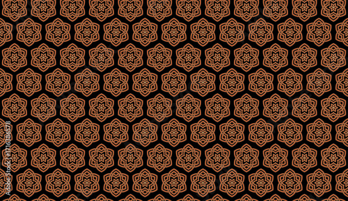 A seamless Moroccan-style geometric pattern of floral motifs in a repeating tile design, consists of brown and beige line art arranged in symmetrical shapes on black background.