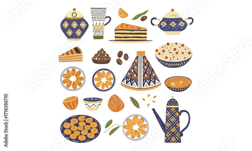 Traditional Moroccan Food Illustrations Tea, Sweets, Oranges, and Couscous Clipart