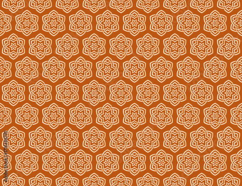 A seamless Moroccan-style geometric pattern of floral motifs in a repeating tile design, consists of gradient soft orange and white line art arranged in symmetrical shapes on dark orange background.