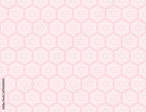 A seamless Moroccan-style geometric pattern featuring layered floral motifs in a repeating tile design, consists of intricate white line art arranged in symmetrical shapes on olive-green background.