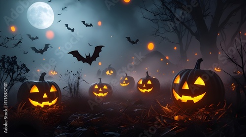 “Spooky Halloween Abstract Background with Pumpkins, Fog, and Orange Glow”
