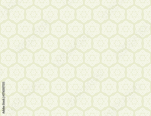 A seamless Moroccan-style geometric pattern featuring layered floral motifs in a repeating tile design, consists of intricate white line art arranged in symmetrical shapes on olive-green background.