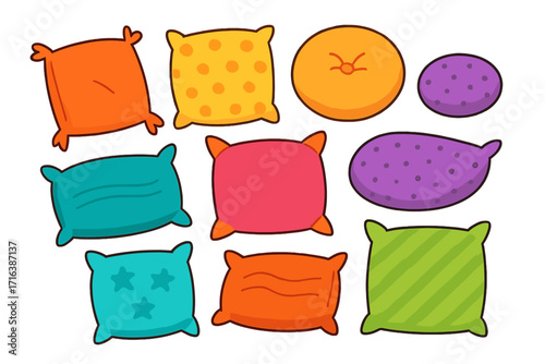 Set of colorful decorative pillows and cushions. Vector cartoon illustration collection for home decor. Playful and soft bedding elements isolated on white background.