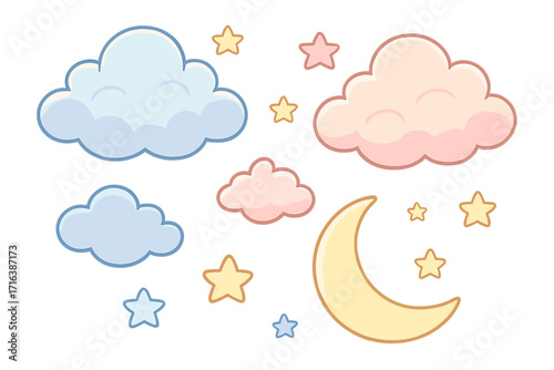 Cute cartoon night sky vector set with clouds, crescent moon, stars. Pastel colors for baby nursery decor, kids patterns, baby shower. Sweet dreams, sleepy weather icons.