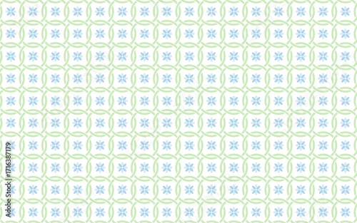 A seamless geometric pattern of interlocking circular shapes in soft green with a delicate blue floral motif at the center of each tile, on a white background, creating a fresh and airy feel.