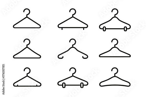Clothing hanger line icon set. Vector collection of minimalist pictograms for fashion, laundry, or store design. Editable stroke symbols for wardrobe and closet concepts.