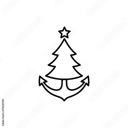 Christmas tree with anchor design, outline icon, Christmas at sea
