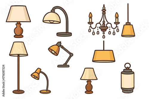 Lamp and lighting vector collection. Home interior design flat icons. Set of various light fixtures: table, desk, floor lamp, chandelier, pendant light. Cartoon furniture elements.