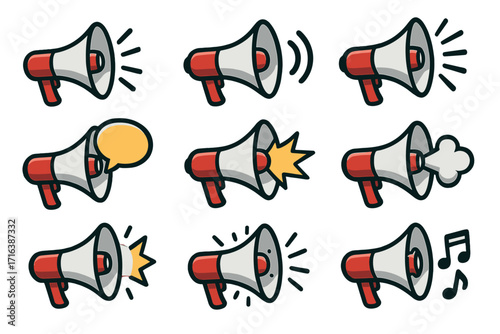 Megaphone icon set for marketing and promotion. Vector cartoon collection of bullhorn, speaker, and loud sound symbols for announcement, alert, and advertising concepts.