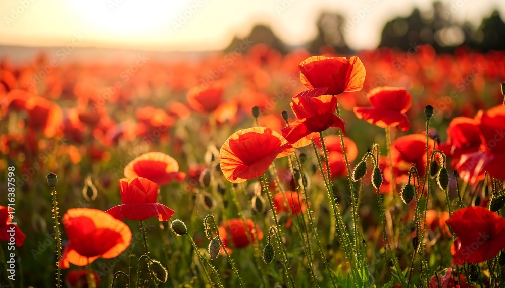 Obraz premium Vibrant poppy field at sunset