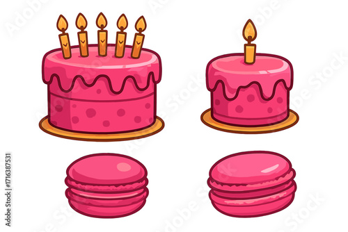 Vector cartoon set of pink birthday cakes with candles and macaron cookies. Sweet dessert food illustration for party, celebration, bakery menu. Festive pastry isolated.