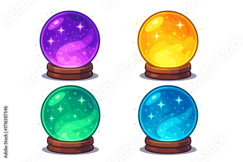 Set of magic crystal balls. Fortune teller sphere for predicting future. Mystic psychic glass orb collection. Esoteric astrology witchcraft symbol. Divination cartoon vector icon.