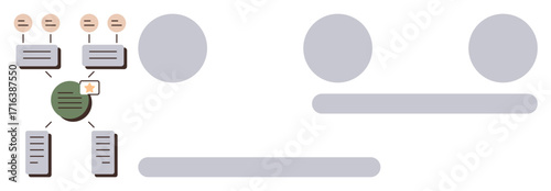 Hierarchical data flow chart with interconnected nodes, documents, and communication symbols. Ideal for teamwork processes, information networks, technology, communication, database, workflows