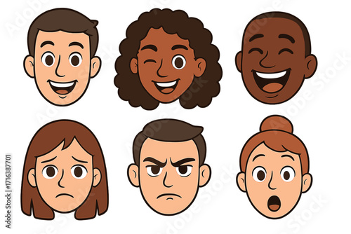 Diverse facial expressions vector collection. Set of cartoon people heads showing different emotions: smiling, laughing, sad, angry, winking, surprised. Male and female avatars.