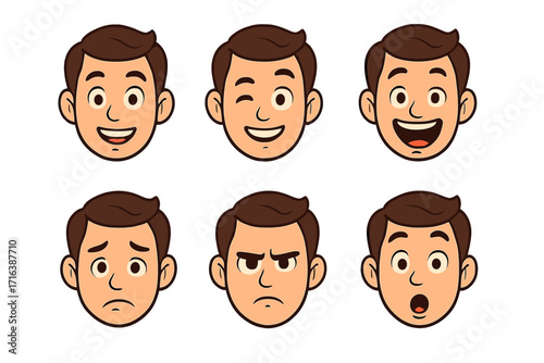 Man character head with diverse facial expressions. Emotion and feeling concept. Happy, sad, angry, surprised, laughing, winking face avatar. Vector cartoon emoji set.