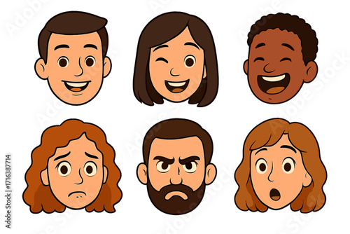 Facial expression emotion set. Diverse people faces. Happy smile, angry, sad, surprised, winking. Character head avatar collection. Vector cartoon illustration for psychology.