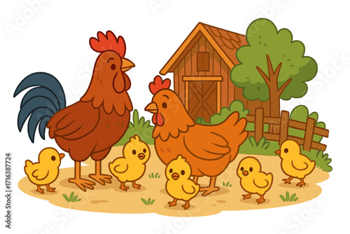 Chicken family vector illustration. Cute cartoon rooster, hen, and chicks on a farm with a barn. Poultry farming concept. Domestic birds in countryside scene. Isolated on white.