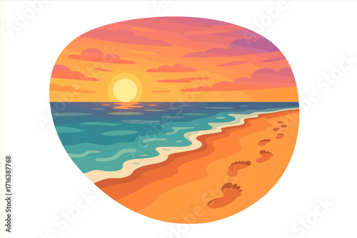 Footprints in sand on a beach at sunset. Vector illustration of a calming walk along the shoreline. Seascape with sun and waves. Summer vacation and travel concept.