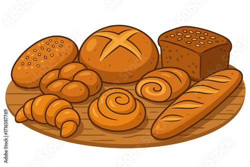 Fresh bread assortment vector illustration. Cartoon bakery food set with croissant, baguette, rye loaf, buns, and pastries on a wooden board. For breakfast or bakery menu.