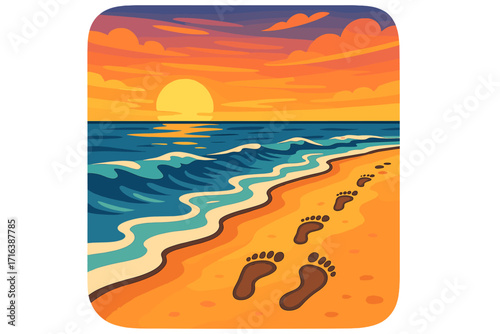 Footprints in sand on beach at sunset. Ocean waves on shore. Concept for vacation, travel, journey, solitude, path, loneliness. Calm evening stroll. Vector cartoon illustration.