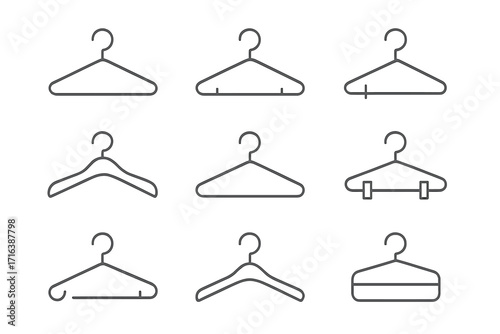 Clothes hanger line icon set. Wardrobe, closet & fashion symbol collection. Minimal linear pictogram for laundry, dry cleaning, boutique. Editable stroke vector for web, app.