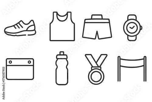 Running icon set for marathon, race, and fitness. Vector line art illustration of athletic gear. Includes sneaker, shirt, shorts, stopwatch, medal, and finish line symbols.