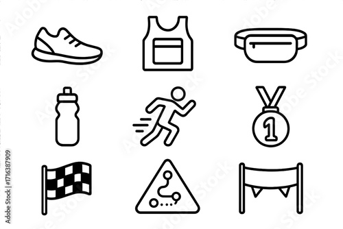 Running race & marathon sport icon set. Minimalist outline icons for jogging, fitness & athletic gear. Vector illustration of sneaker, medal, finish line, route map & bottle.