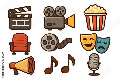 Movie and cinema icon set. Vector illustration collection for entertainment industry. Film elements like clapperboard, camera, popcorn, theater seat, reel, masks, microphone.