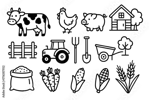 Farm life icon set. Simple line art collection of agriculture elements. Vector illustrations of cow, pig, chicken, tractor, barn, crops like corn and wheat. Farming and rural concept.
