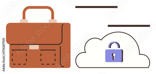 Brown briefcase beside a cloud with a blue padlock, representing business, data protection, and cybersecurity. Ideal for storage, privacy, cloud security, confidentiality, business management
