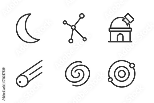 Space icon set. Minimalist astronomy line art collection. Moon, constellation, observatory, comet, galaxy, and solar system symbols. Simple outline vector illustration.