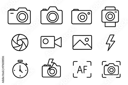 Photo camera line icon set. Photography and video pictogram bundle. Minimal vector symbols for web and app design. Editable stroke outline graphic elements collection.