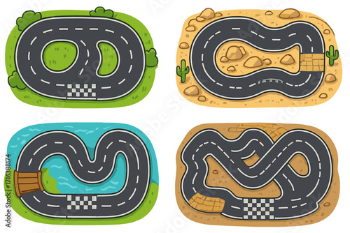Set of four cartoon race track designs. Top-down view of racing circuits with different layouts for a game. Includes desert, water, and grass terrains with start/finish lines.